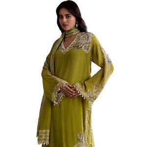Kurta vert clair brodé avec motif Palazzo imprimé Vente en gros Vêtements ethniques pour femmes OEM Fournisseur d'usine de vêtements Costume personnalisé - Product Image 3