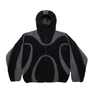 Superbe veste polaire à capuche pour homme, motif géométrique color-block noir, style streetwear, chaude pour l'hiver, décontractée, en laine d'agneau, avec protection faciale - Product Image 3