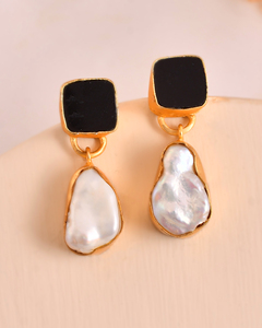 Magnifiques boucles d'oreilles en titane noir avec pierres précieuses Druzy perle d'eau douce plaqué or cadeau de demoiselle d'honneur boucles d'oreilles grossiste - Product Image 2