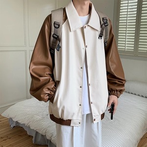 Automne tendance américain hommes veste haute épissage en cuir manteau laine tissu couleurs contrastées décontracté lâche revers hauts fourrure hommes femmes - Product Image 3