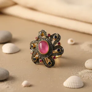 Anillo de Piedras Preciosas de Joyería Art Palace para Mujer con Rubí y Zafiro, Topacio de Corte Ovalado, Chapado en Rodio - Product Image 3