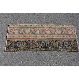 Tapis vintage 1,5x3,6 pieds, petit tapis turc, tapis persan en laine bleu et marron - Product Image 3