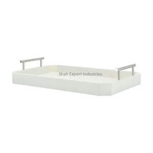 White Coated Metal Serving <b>Tray</b> With <b>Silver</b> Handles Rectangle <b>Tray</b> for Home & Hotels <b>Drinks</b> & Snacks Serving <b>Trays</b> - Product Image 1