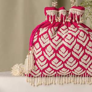 Atiya Libas 2024 New Stylized Raw Silk Potli <b>Bags</b> Embroidery Crystal Glass Beads <b>Pearls</b> Dabka Work <b>Bucket</b> Pattern - Product Image 1