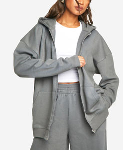 OEM/ODM Streetwear zippé de haute qualité sweat à capuche oversize à épaules tombantes pour les femmes sweats à capuche personnalisés à fermeture éclair avec logo imprimé bouffant pour les femmes - Product Image 3