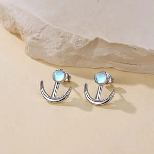 Pendientes de Plata de Ley 925 con Ancla para Mujer, Tema Náutico de Marinero en Oro Rosa con Engaste de Amatista y Piedra Lunar Incrustada - Product Image 4