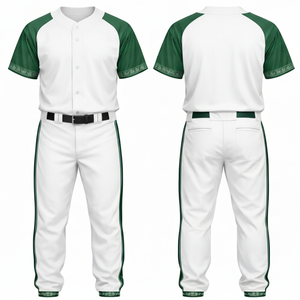 ชุดเบสบอลแขนแร็กแลนสีขาวและเขียวเข้มคุณภาพสูง พร้อมงานตกแต่งประณีตแบบกำหนดเองและกางเกงทีมลายแถบข้าง - Product Image 1
