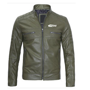 Blouson d'aviateur d'hiver coupe ajustée pour hommes, col montant, fermeture éclair asymétrique avec logo sur le devant, manteau de motard inspiré des motocyclettes, matériau en peau de vache - Product Image 1