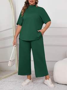 Conjuntos de 2 piezas de talla grande para mujer 3/4 manga de murciélago Capelet cuello redondo pulóver Top pantalones de pierna ancha conjunto de salón - Product Image 5