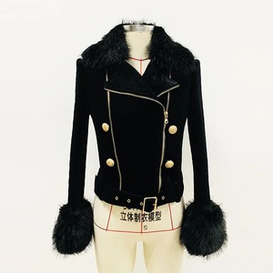 Chaqueta Blazer de terciopelo negro de nuevo diseñador para mujer con Cuello de piel de zorro y trajes cortos de motocicleta con doble cremallera - Product Image 4
