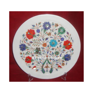 Belle plaque de conception de fleurs incrustées de marbre blanc pur faite à la main avec forme ronde de fabrication et de vente en gros au meilleur prix - Product Image 1