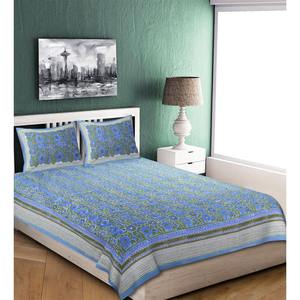 Blue Jaipuri Hand Block Print 240 TC Cotton Super <b>King</b> <b>Size</b> Double Bed <b>Sheet</b> with 2 Floral Pillow Covers Eco-Friendly (ALDB1004) - Product Image 2