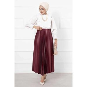 Fine <b>Pleated</b> <b>Long</b> Hijab <b>Skirt</b> Claret Red for Women - Product Image 3