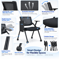 Chaise de formation mobile professionnelle avec tablette d'écriture, dossier en maille et roulettes pour salle de classe, salle de conférence, espace de formation