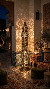 Lampe sur pied marocaine artisanale en métal ajouré – Lanterne décorative traditionnelle cylindrique ajourée - Product Image 4