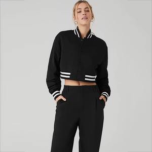 Custom <b>Women's</b> Gym Cropped Button Oversized Nylon Varsity <b>Jacket</b> for Winter Embroidered Logo Eco-Friendly Windproof <b>Short</b> Length - Product Image 1