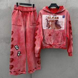Wholesale Distressed Acid Wash Hoodie and Sweatpants Set Custom Printing Patchwork Oversized <b>Zip</b> <b>up</b> Tracksuit Women - Product Image 1