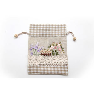 Fashion Luxury Best Price High Quality Drawstring Bag Hand-Sewn Daisies <b>Ribbon</b> Rose Violet Checked Patterns with Lace Fabric - Product Image 5