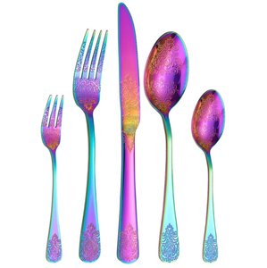 Date vintage multi couleur en acier inoxydable couverts ensemble dîner couteau cuillère maison cuisine restaurant vaisselle mariage événement décor - Product Image 1