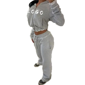 Oem Custom Tracksuits for Women Clothing Cotton Jersey Long Sleeves Full Zip up Jackets <b>Top</b> and Wide Leg Pants Gym Athletic Wear - Product Image 2