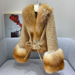 Cappotto Invernale da Donna in Misto Lana con Grande Collo e Polsini in Pelliccia di Volpe, Collo Alto, Lunghezza Lunga, Trench Plus Size con Motivo Stampato - Product Image 4