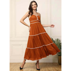 DEEBACO Women's Solid Brown Rayon Tiered <b>Dress</b> Sweet Heart Neck Sleeveless Fit and Flare Maxi Length Party Casual Western Wear - Product Image 6