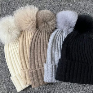 Wholesale Women Winter Knit Beanie <b>Hat</b> with Faux Fur <b>Pom</b> <b>Pom</b> Soft Warm Ribbed Wool Cap Custom Logo OEM ODM Beanies - Product Image 2