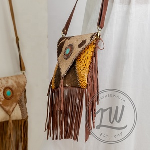 New Western Style Hair On Hide Fur Suede Leather Fringe <b>Bag</b> High Quality <b>Boho</b> Women Leather Shoulder <b>Bag</b> With Turquoise Stone - Product Image 6