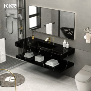 Lavabo in Marmo Lucidato Commerciale con 2 Rubinetti, Lavandino a Vasca Sospeso per Bagno con Doppio Lavabo - Product Image 3