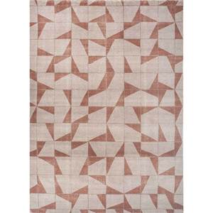 พรมโพลีเอสเตอร์ถักมือสีเบจและสีน้ำตาล รุ่น AKPL-1006 ลายเรขาคณิตและนามธรรมสไตล์โบโฮ รูปทรงสี่เหลี่ยมผืนผ้า สำหรับใช้ในบ้านและทางเดิน - Product Image 1