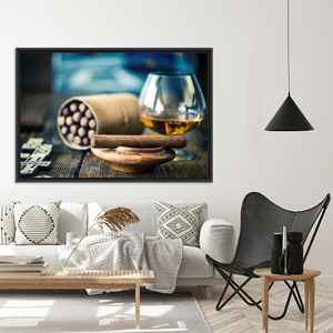 Elegant Cigar and Brandy <b>Canvas</b> Print, Modern Cafe Decor, Unique Gift <b>For</b> Her,BLACK <b>FRAMED</b> <b>CANVAS</b> - Product Image 1