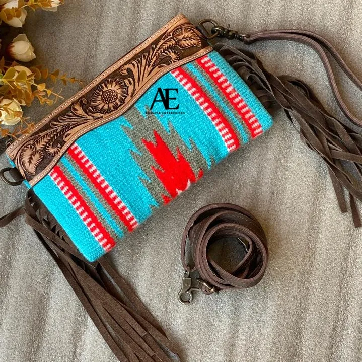 Unique Western Style Aztec Tooled Leather Sling Bag Vintage Multicolor Fringed Wristlet Purse Stylish Women Saddle Blanket Bag