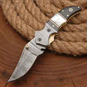 Navajas Plegables de Bolsillo de Acero de Damasco Hechas a Mano, Personalizadas OEM, para Supervivencia al Aire Libre, con Funda de Cuero - Product Image 2