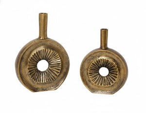 Florero de Metal Geométrico Abstracto Moderno, Florero Redondo Hueco con Textura Dorada Antigua, Decoración de Interiores de Lujo para el Hogar - Product Image 1