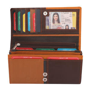 Cartera larga de cuero genuino Vintage de lujo personalizada para mujer con bloqueo RFID Cierre de botón de cuero real precio bajo en la India - Product Image 3