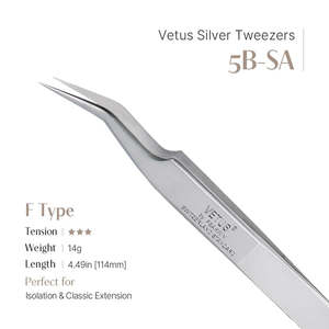 Pince à épiler Vetus 5B-SA en acier inoxydable argenté, forme en F, pointes en fibre de précision pour l'application des cils - Product Image 2
