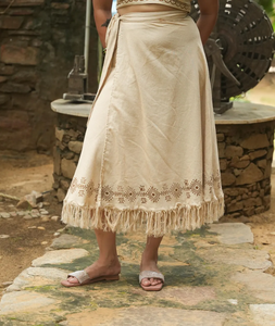 Ensemble jupe Boho en coton beige imprimé en blocs tenue Choli indienne légère brute 2 pièces ensemble décontracté tricot court licou - Product Image 2