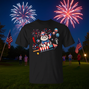 Camiseta con diseño de gato Ragdoll montado en una petardo y bandera de Estados Unidos, fuegos artificiales del 4 de julio - Product Image 3