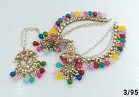 Ensemble de boucles d'oreilles pendantes plaquées or, imitation perle et zircon, motif floral ethnique, style Mangtikka, pour femmes, vente en gros, dernière collection indienne