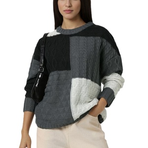 Pull d'hiver décontracté pour femme, tricoté sur mesure, 100 % acrylique, style col rond tendance, polyvalent, color-block - Product Image 1