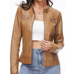 Veste en cuir pour femme fabriquée en usine à prix abordable, avec logo personnalisé imprimé, col montant, tricotée, taille adulte - Product Image 1