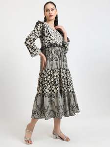 Robe de bal à imprimé floral robe mi-longue avec encolure ornée noir beige manches longues taille tombante conception à plusieurs niveaux pour l'été - Product Image 5