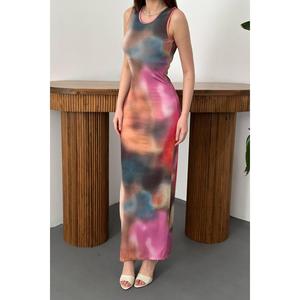 Beige <b>Batik</b> Print Midi <b>Dress</b>-Woven Fabric Digital Printing Natural Waist A-Line Silhouette - Product Image 4