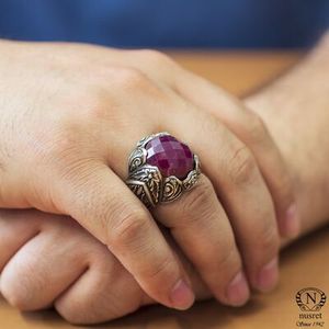 Bague pour homme en argent sterling 925 avec pierre naturelle et rubis racine, plaqué rhodium, motif gravé, pour usage quotidien - Product Image 5