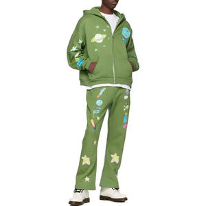 Conjunto Deportivo de Sudadera con Capucha y Pantalones Deportivos con Estampado de Dibujos Animados Espaciales, Verde, Felpa, Ropa de Calle de Invierno, Algodón, Informal, Deportivo, Nueva Moda - Product Image 1