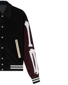 Veste universitaire pour homme, corps en velours côtelé noir, manches marron, imprimé squelette, col côtelé, boutons pression, streetwear - Product Image 3
