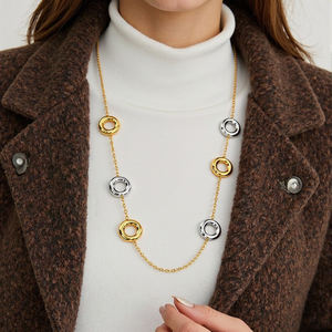 Perhiasan POP kalung panjang wanita, liontin lingkaran rongga berlapis emas Stainless Steel trendi tidak pudar tidak alergi - Product Image 6