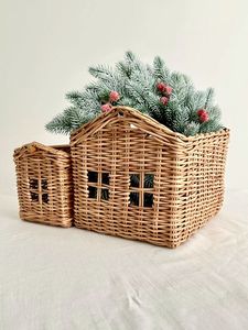 Panier en rotin fait main en forme de maison, feuilles de pin, rangement, décoration intérieure naturelle tissée - Product Image 4