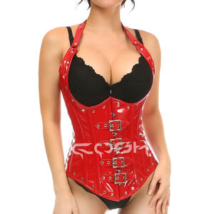 Corset en PVC rouge à col halter avec bretelles à boucles, vente en gros |   Bustier corset sexy en PVC brillant - Product Image 5