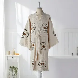 Bata de Baño Unisex de Algodón Ligero, Tejido de Lino, Secado Rápido, Transpirable, Primavera Verano, Color Liso, Talla XL, Hecho en Turquía, Ropa de Dormir y Descanso - Product Image 2
